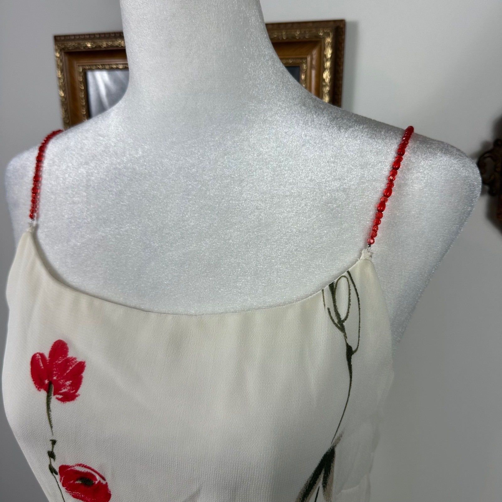 Vintage Y2K White Dress w/ Red Poppy Floral Design & Beaded Straps – SIZE 10
