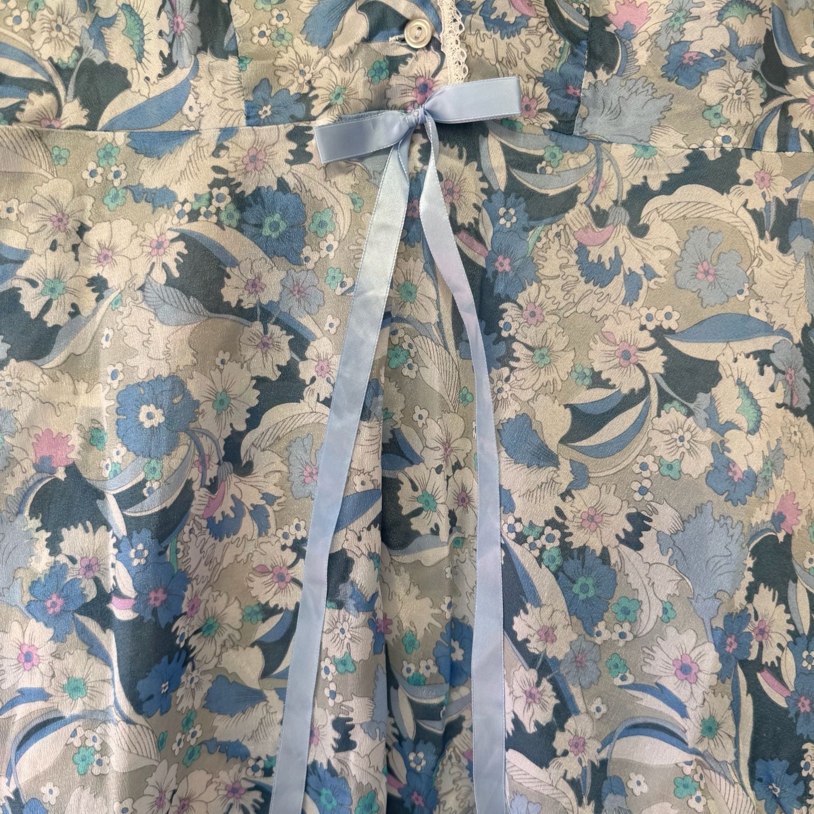Vintage Floral Lace Trim Nightgown Blue White Chiffon Chemise Nightgown