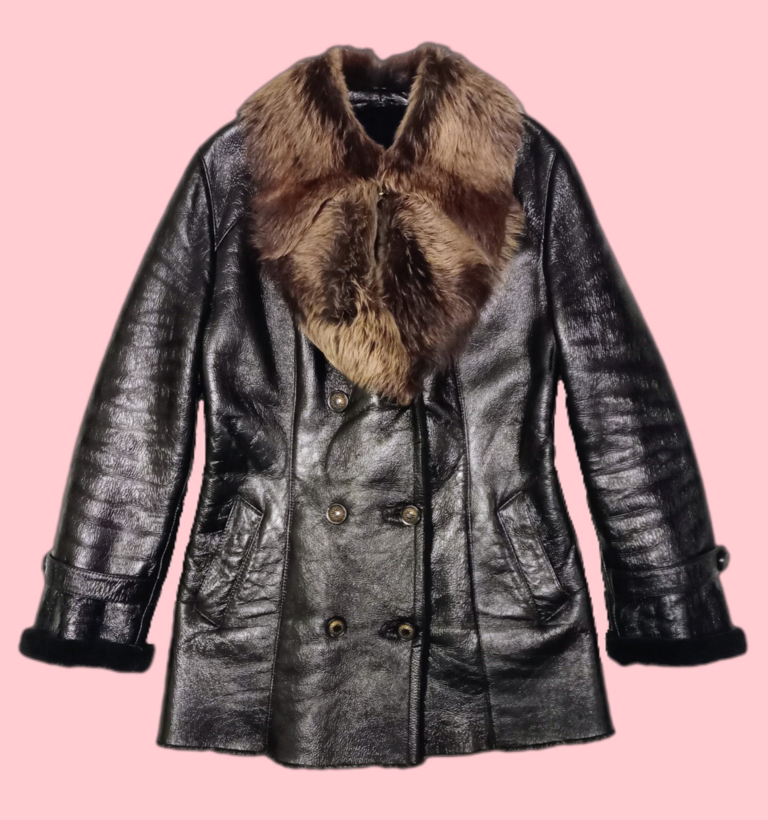 Vintage 00s Women’s Shearling Coat Black Patent Leather Toscana Fur Size L