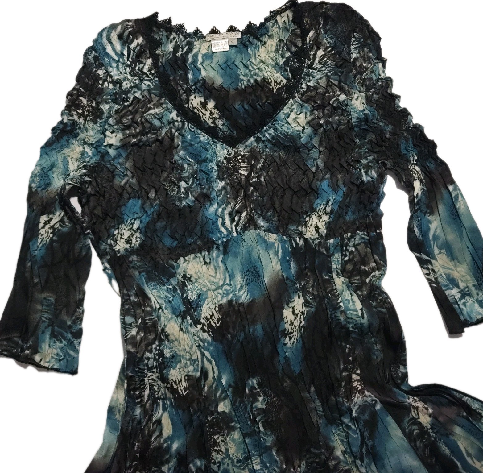 Vtg Y2K Alberto Makali Witchy Whimsy Goth Crinkle Dress Teal Blue Black Size XL