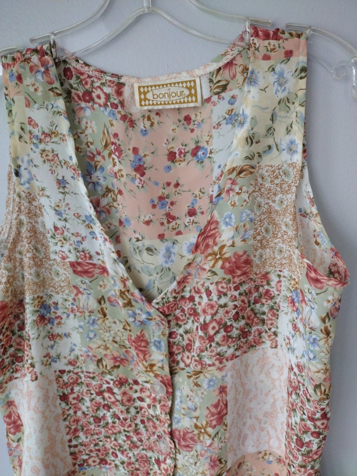 Vintage 90s Bonjour Sheer Patchwork Print Vest Blouse Side Slit Buttons See Meas