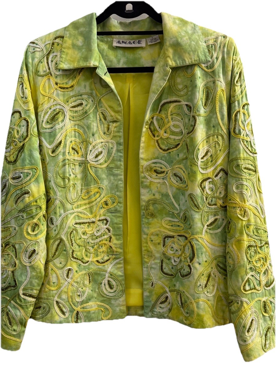 ANAGE Vintage Jacket S Lime Green Embroidered Art Swirl Textured Blazer Cotton