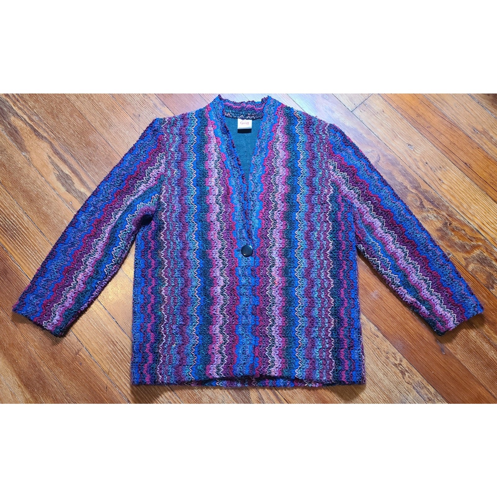 VTG Graff Californiawear Mohair Blend Colorful Boho Hippy Knit Cardigan SZ 6 USA