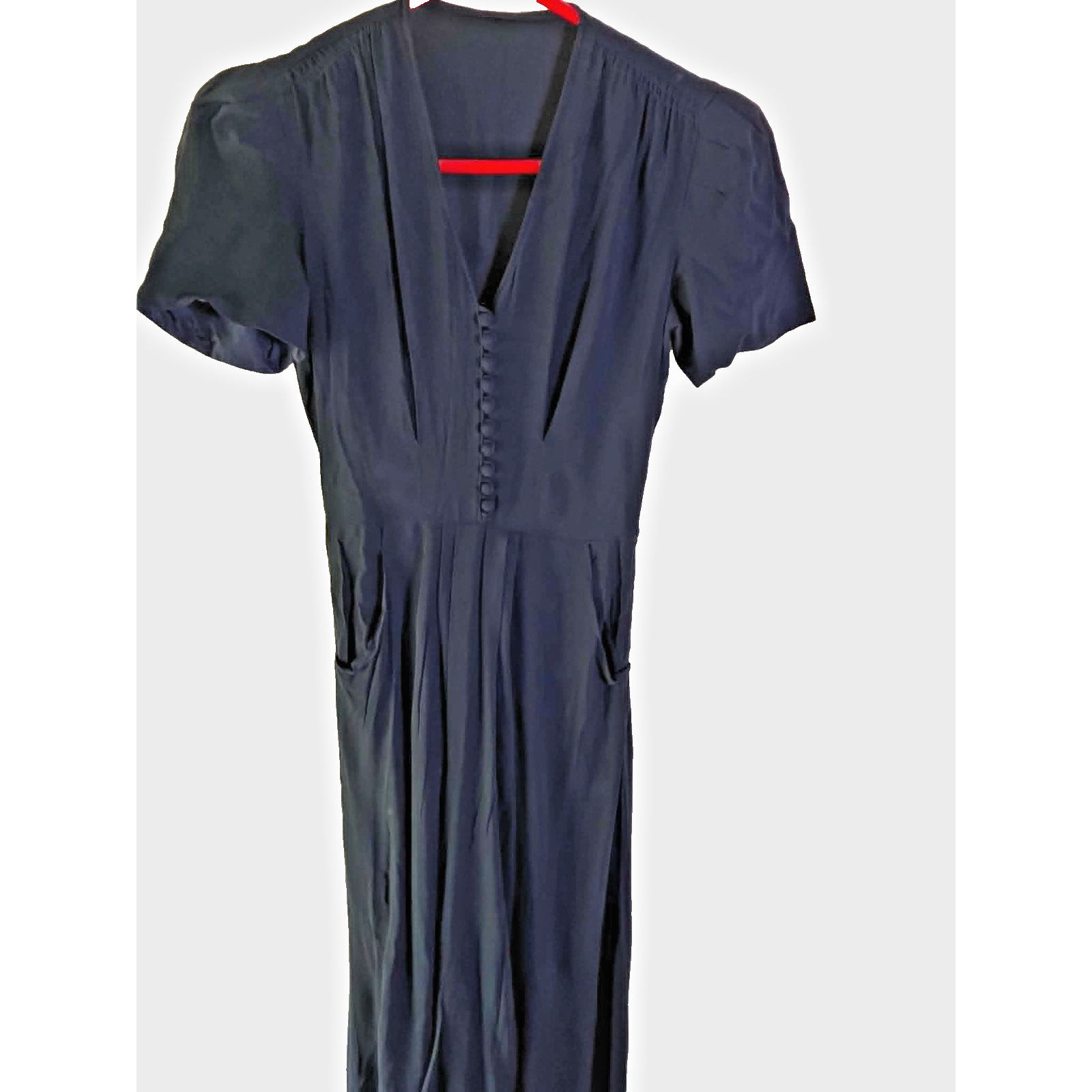 1950s Tailored Black/Navy Button Front Dress XSmall POCKETS