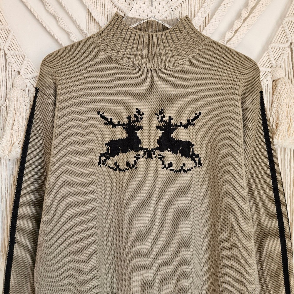Vintage Obermeyer Ski Sweater Reindeer Knit Wool Blend Mock Neck Nordic Womens L