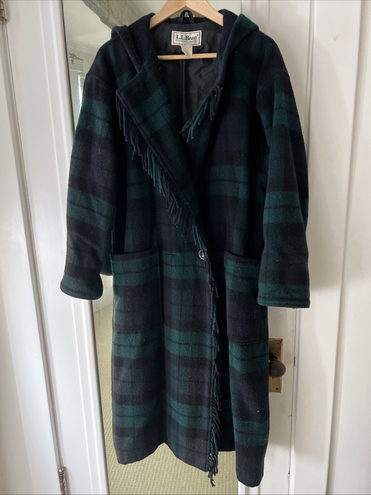 Vintage 80s HTF L.L. Bean Plaid Green Multi Fringe Wool Coat Hood Petite Medium