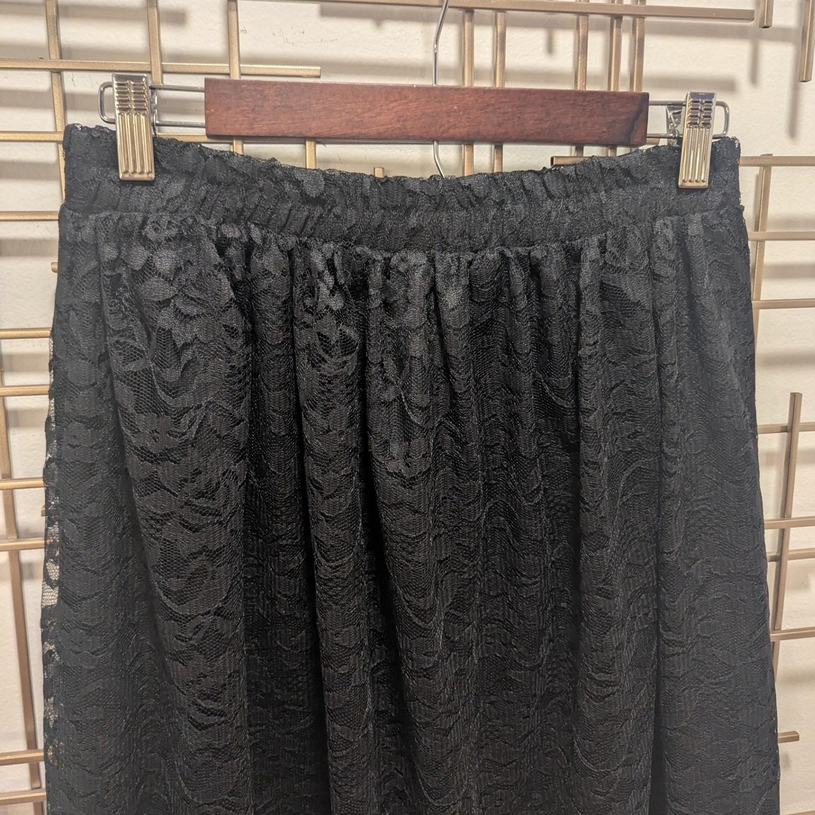 Vtg Maxi Skirt Black Lace Floral Elastic Waist Sz L Whimsigoth Dark Romantic