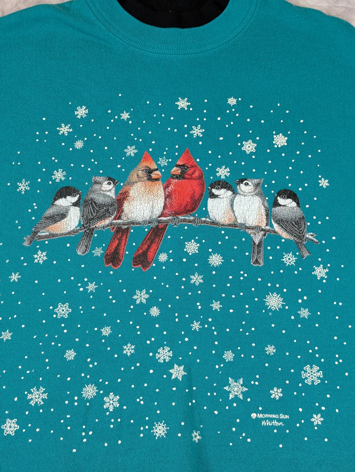 Vintage Morning Sun Whittier Bird Snow Christmas Sweatshirt USA Made Teal Size M
