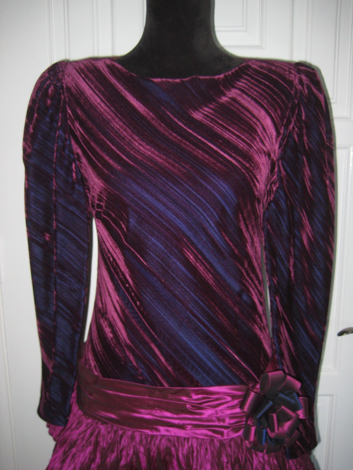 Vintage 80s burgundy/wine velveteen dropwaist taffeta tiered ruffles party dress