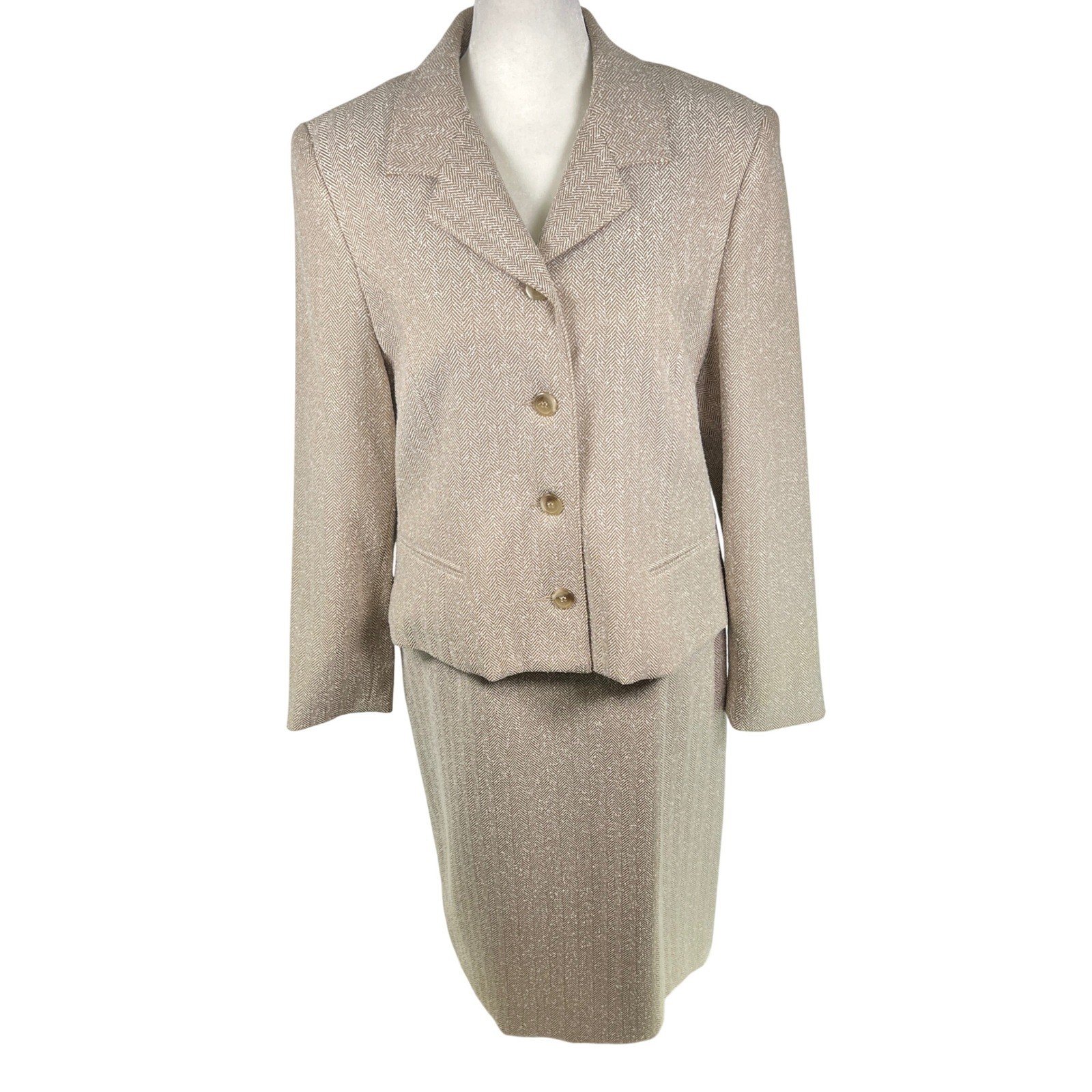 Da-Rue of California Vintage Herringbone Skirt Suit Tan White Size 6 Made in USA
