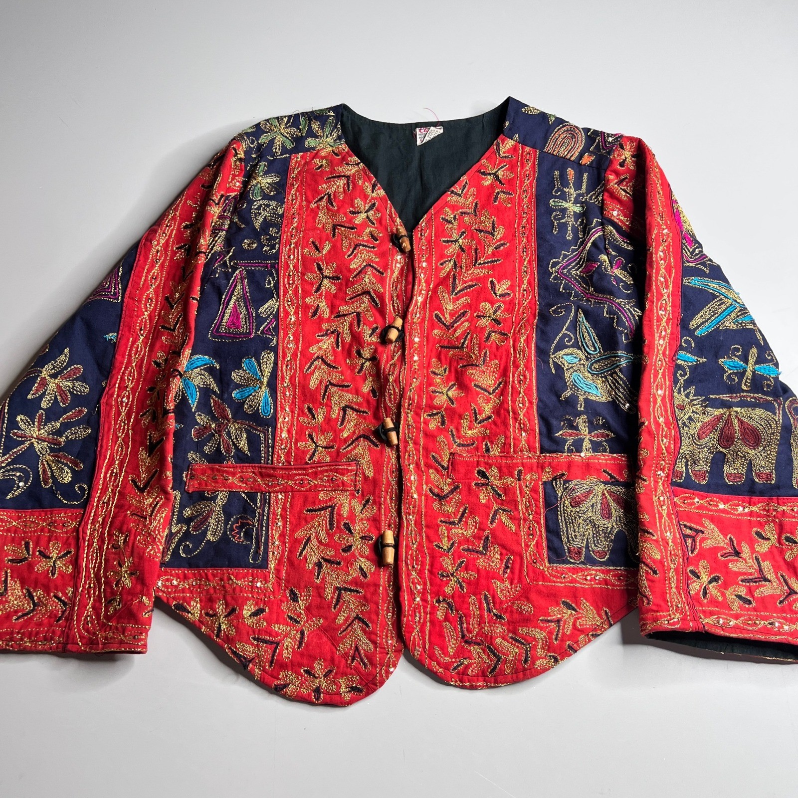 Vintage Classic India Embroidered Cotton Jacket Red Navy Elephant Boho Toggle OS