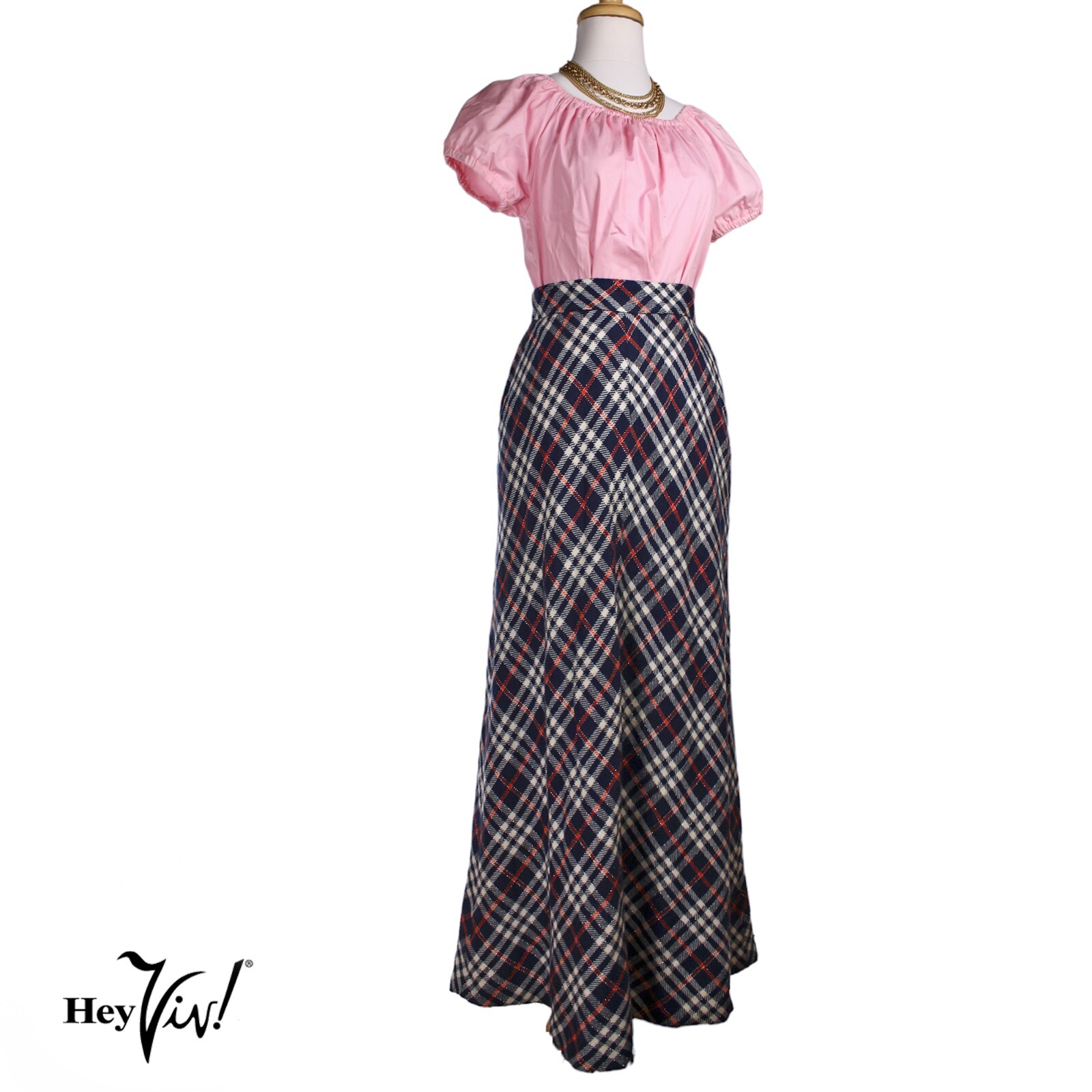 Vintage 1970s Century of Boston Glitter Plaid Maxi Skirt Size 12 W27″- Hey Viv