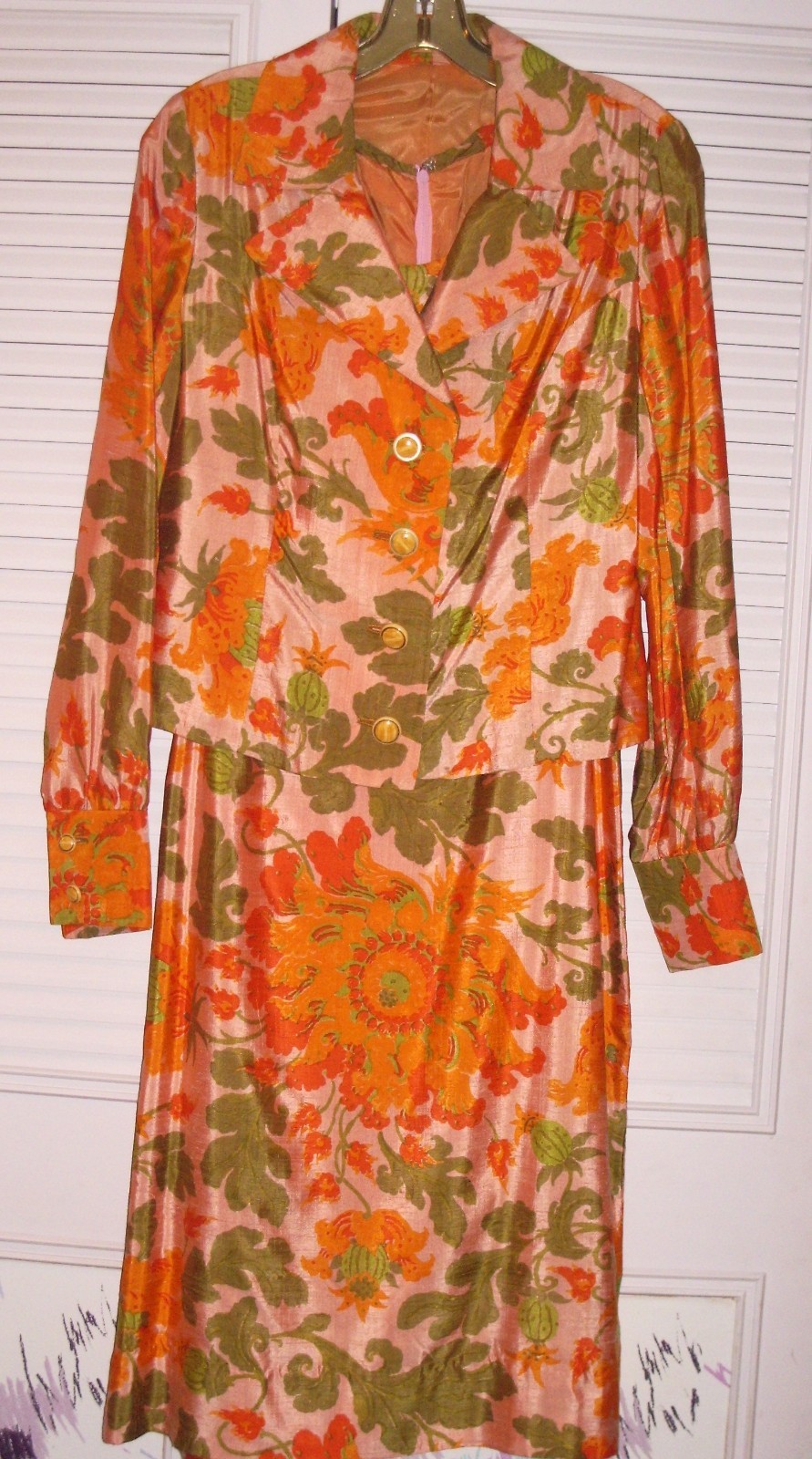 Era 60’s custom tailored floral silk lady 2 pcs dress jacket stunning size 6-8