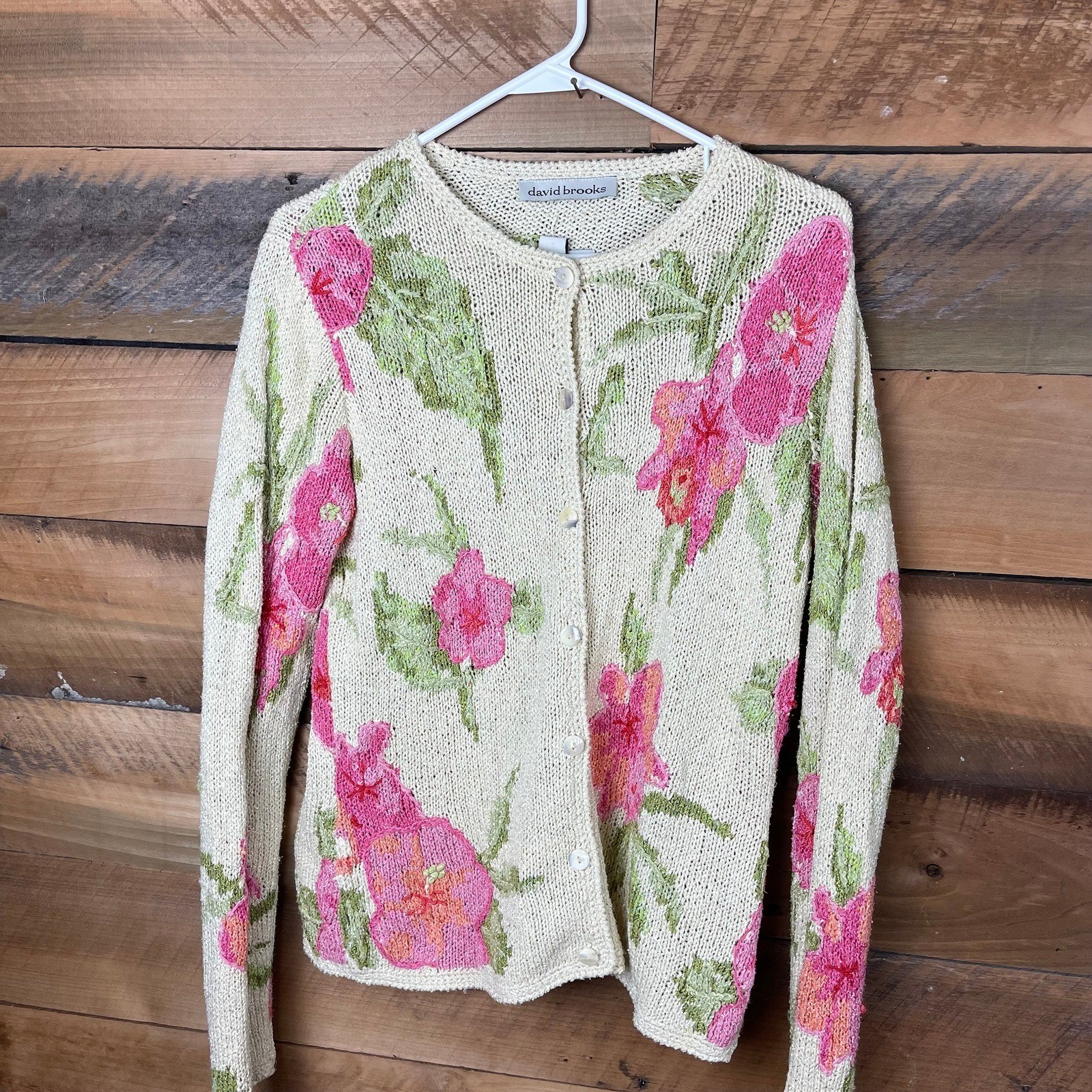 Vintage Medium David Brooks Brand Hand Knitted Cardigan Sweater Pink Flowers