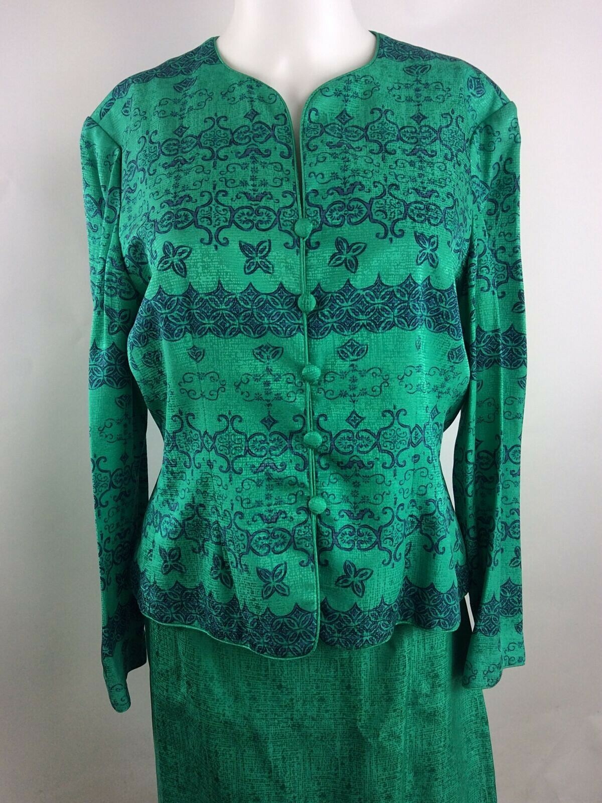 Papell Petites Vintage Women Silk Skirt Jacket Set Green Size 12 Petite (1)