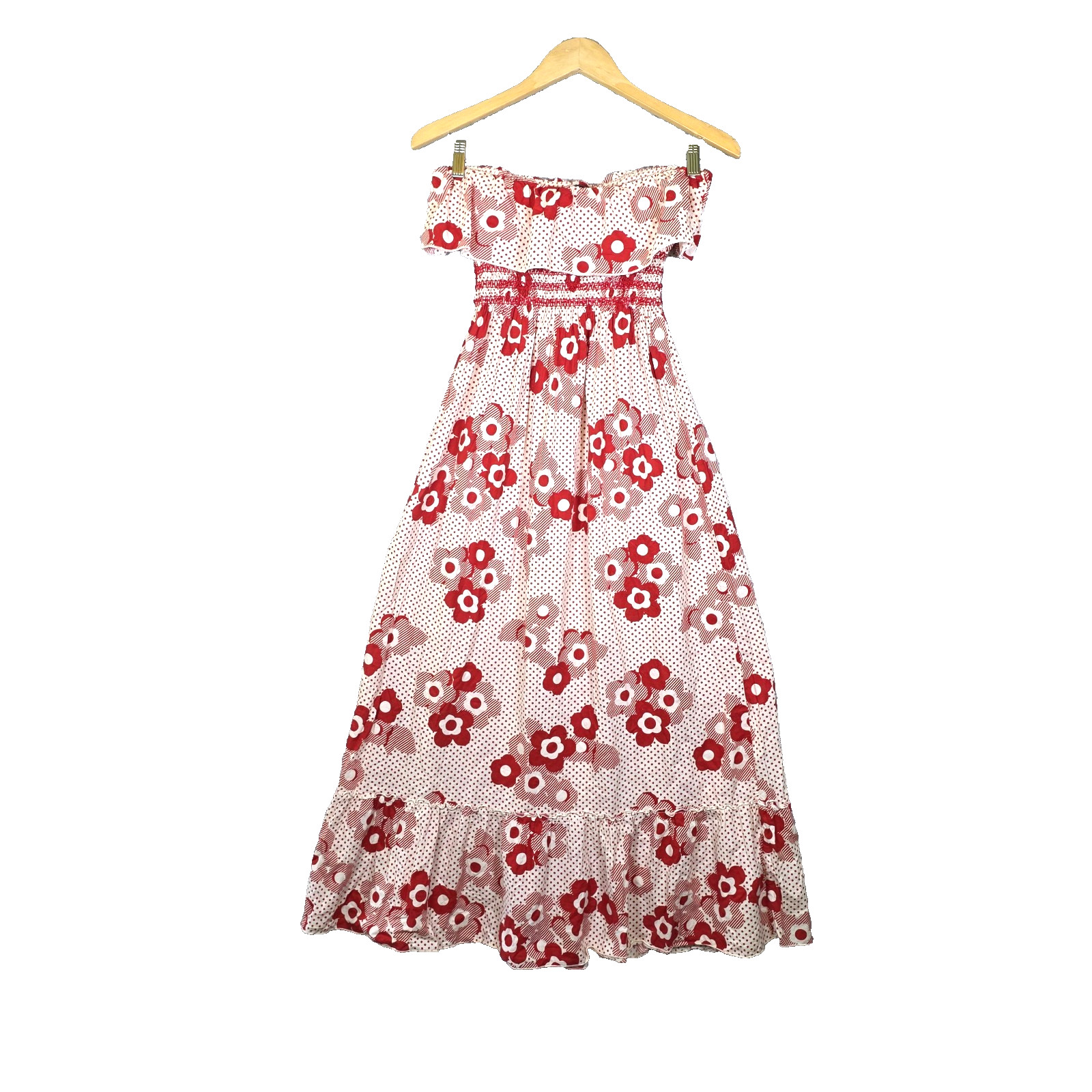 Vtg GLAM Retro Floral Polka Dot Maxi Dress Strapless Ruffle Off Shoulder USA M L