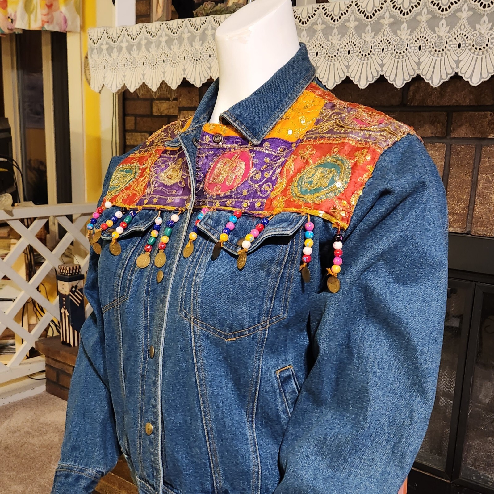 Passports of Pier 1 Imports 80’s/90’s Boho Jean Jacket Sequins Beading Size L