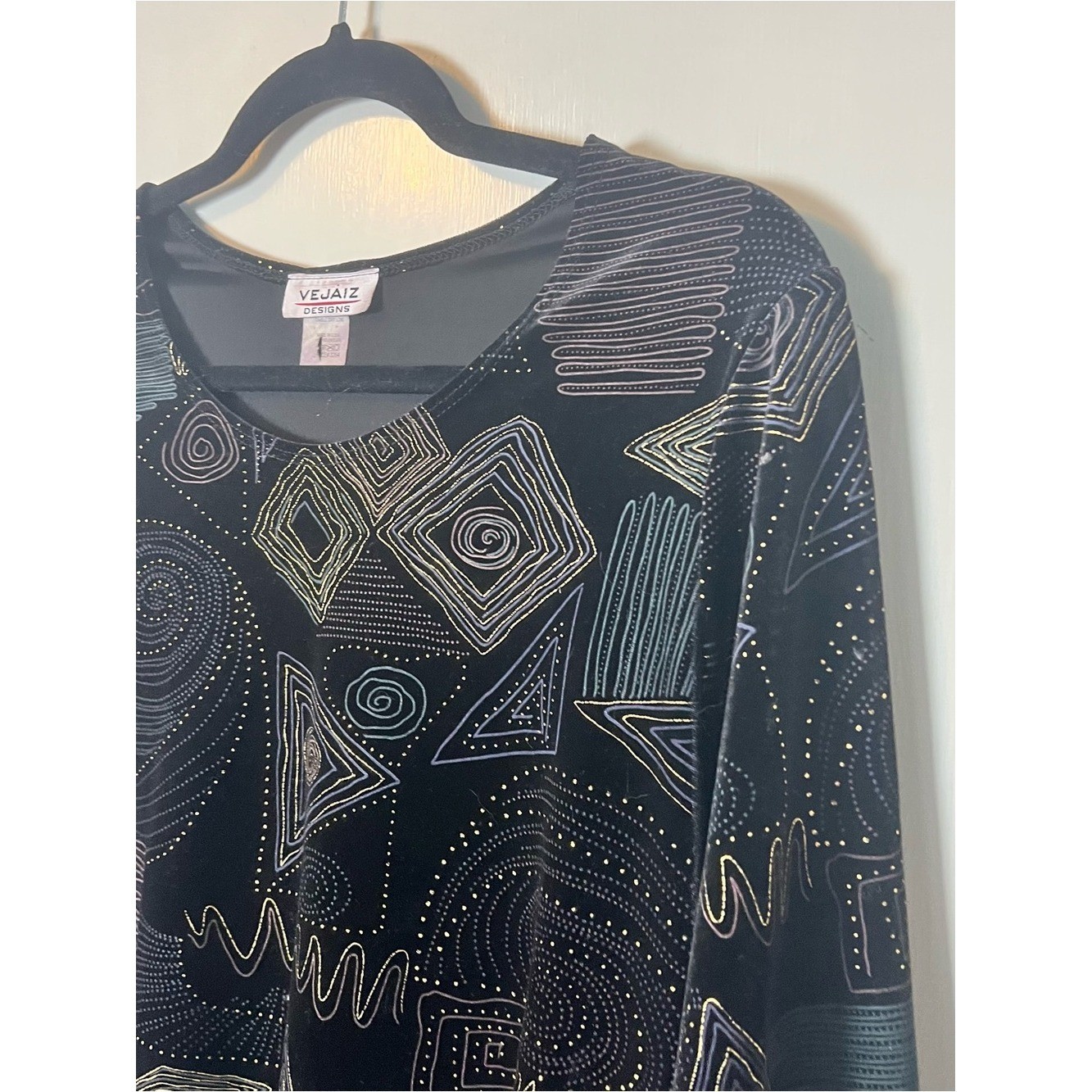 Vejaiz Designs Vintage 90s Black Geometric Metallic Gold Shift Tunic Sz M
