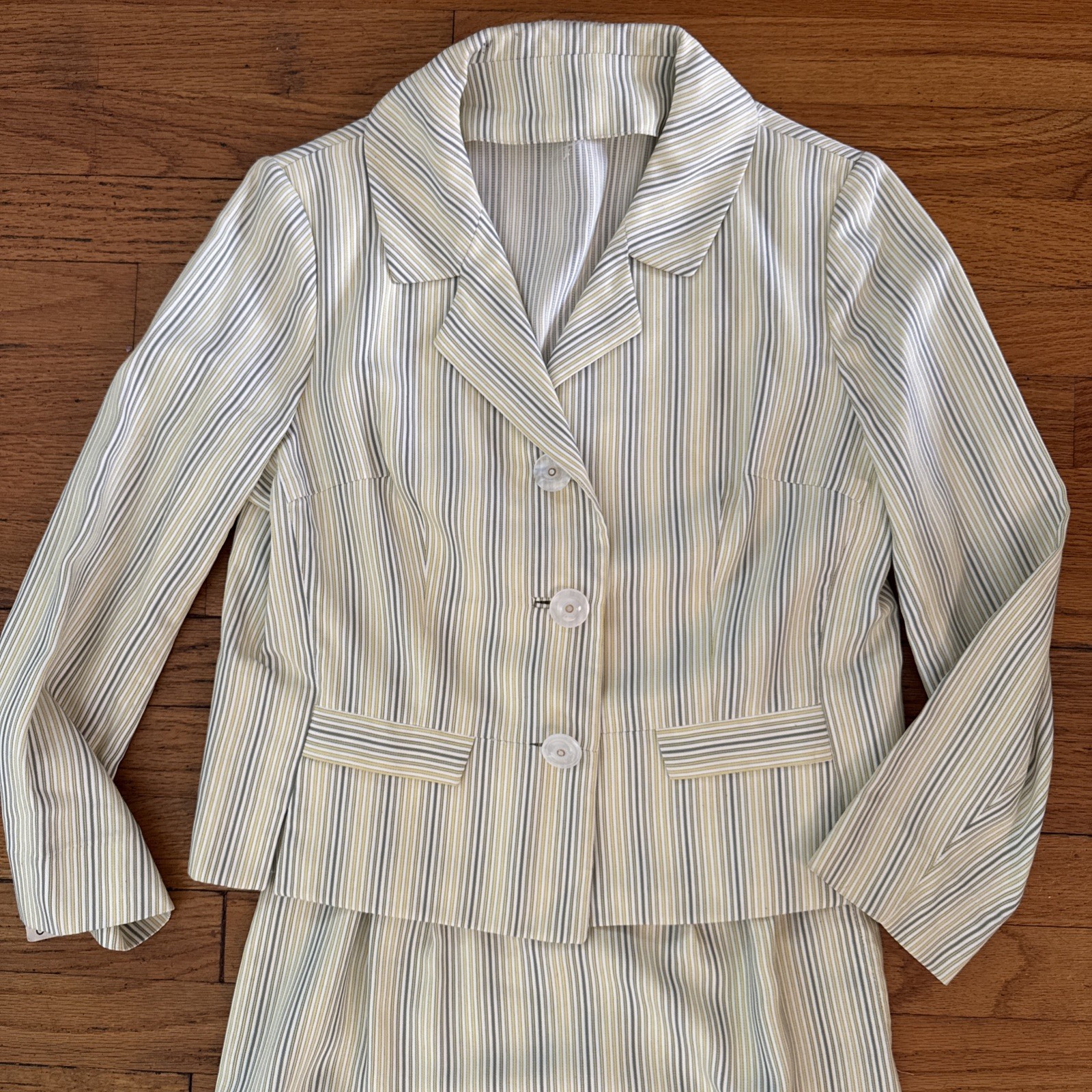 Vintage 1960s mod cotton skirt suit striped yellow gray neutral Handmacher