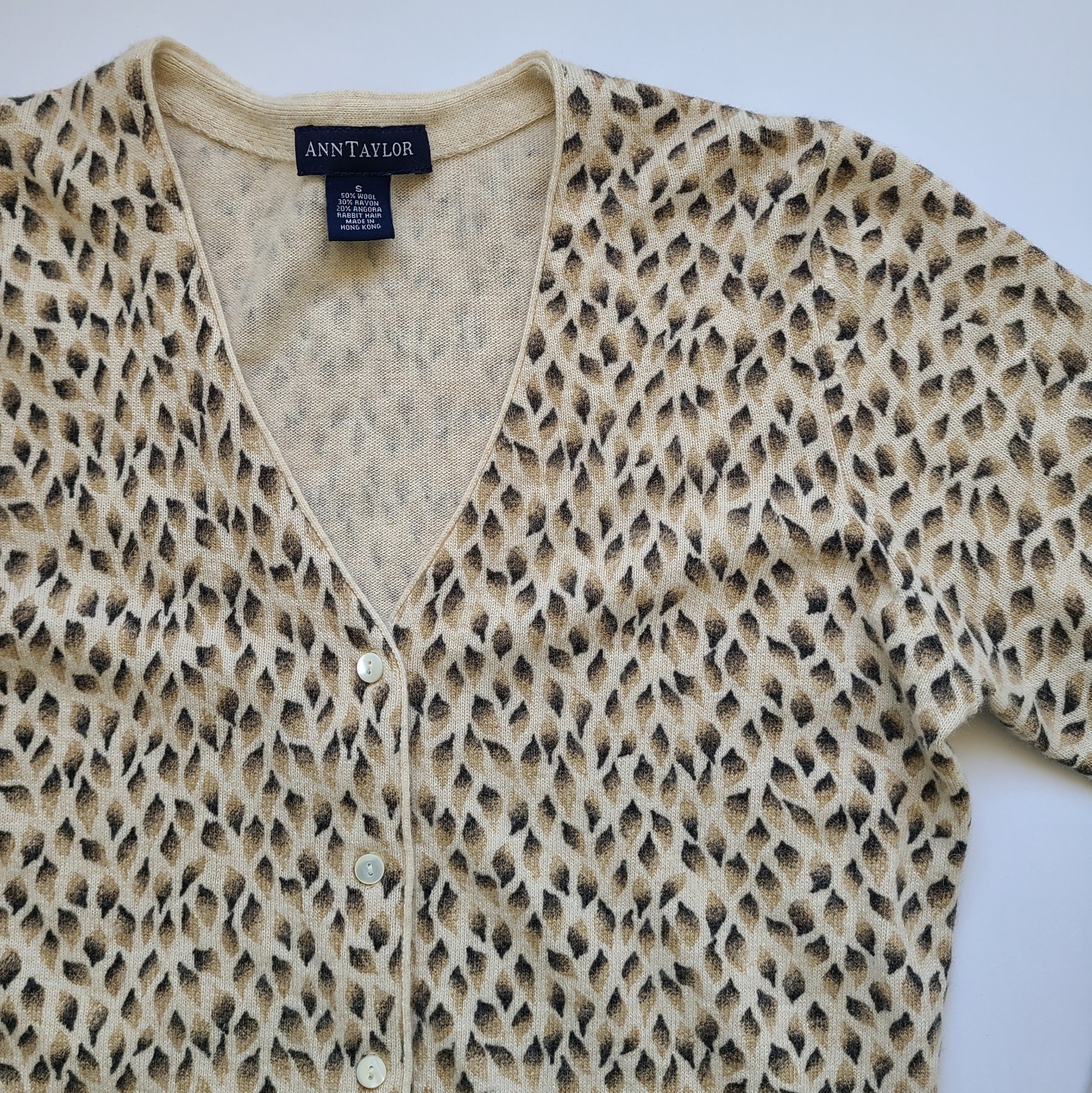 Vintage 2000s Ann Taylor Cardigan Sweater S Wool Angora Blue Label Beige Print