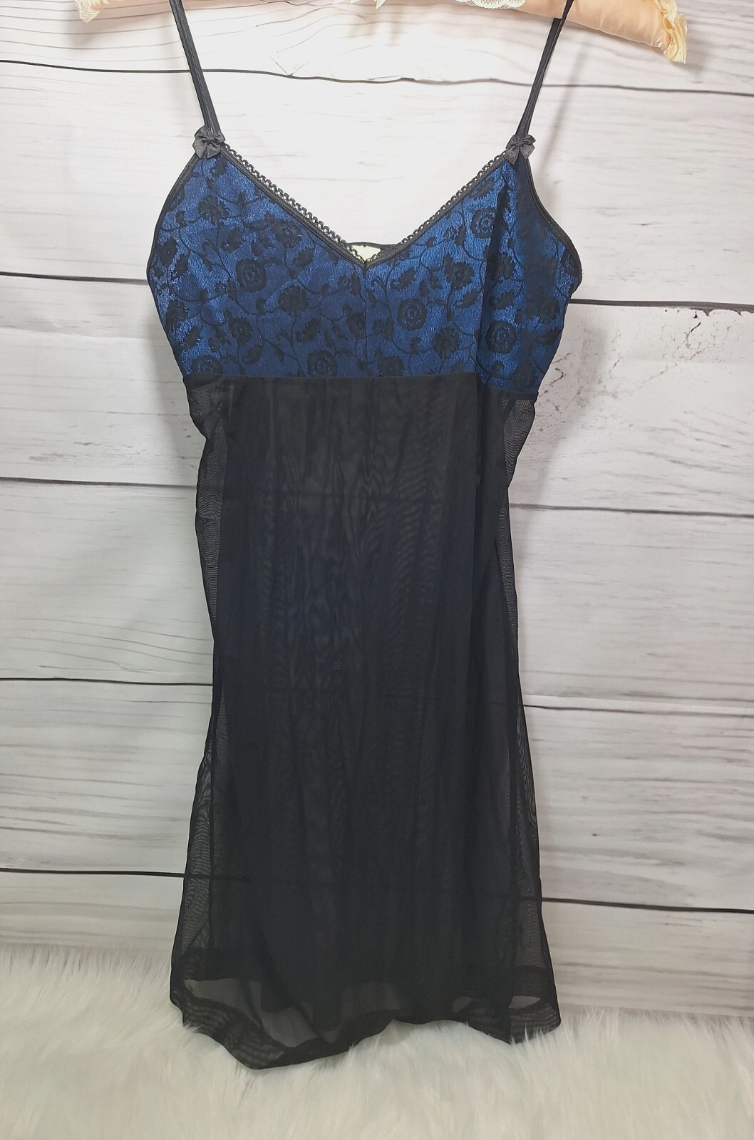 Vintage Blue & Black Lingerie Nightie Negligee with Spaghetti Straps, Size M/6
