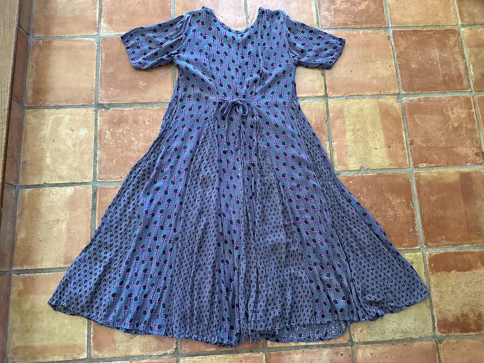1990s Indian Block Print Rayon Gauze Tie Back Dress Grunge Floral Punk M 90s VTG