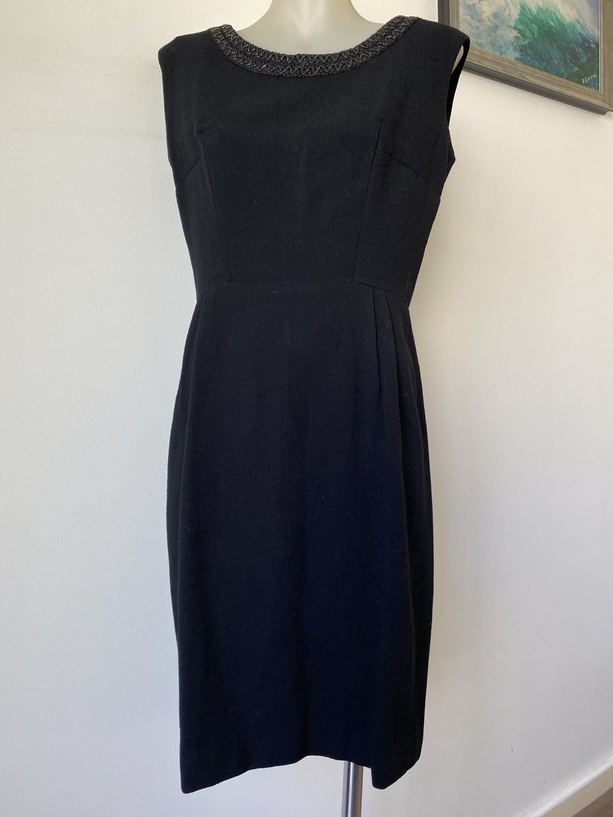 50,s Classic Fine Wool Crepe Sheath With Braided Neckline. Classic Elegance.38”b