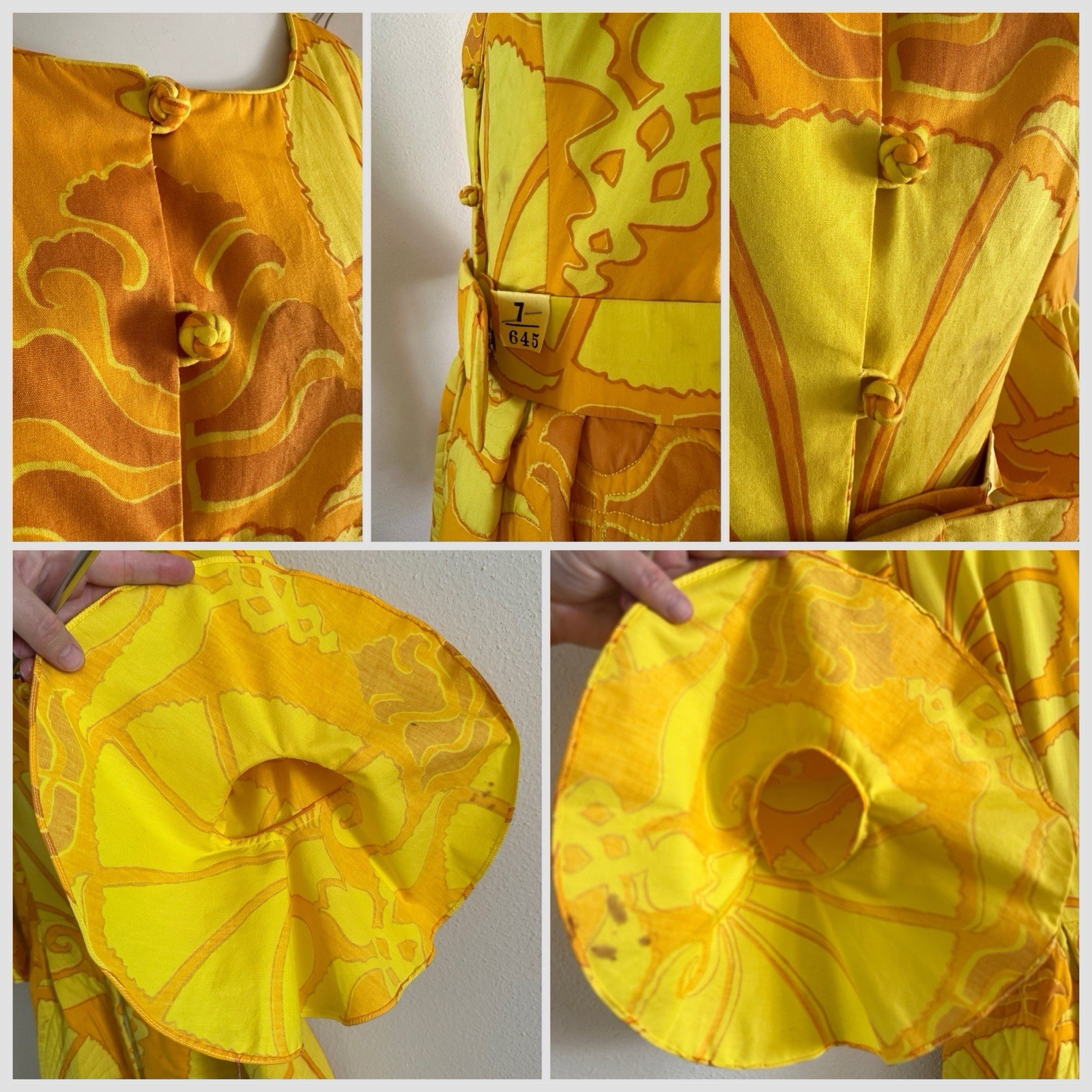 1960s Van Dee Bangkok Quilted Maxi Dress Psychedelic Bell Sleeve Resort Hostess