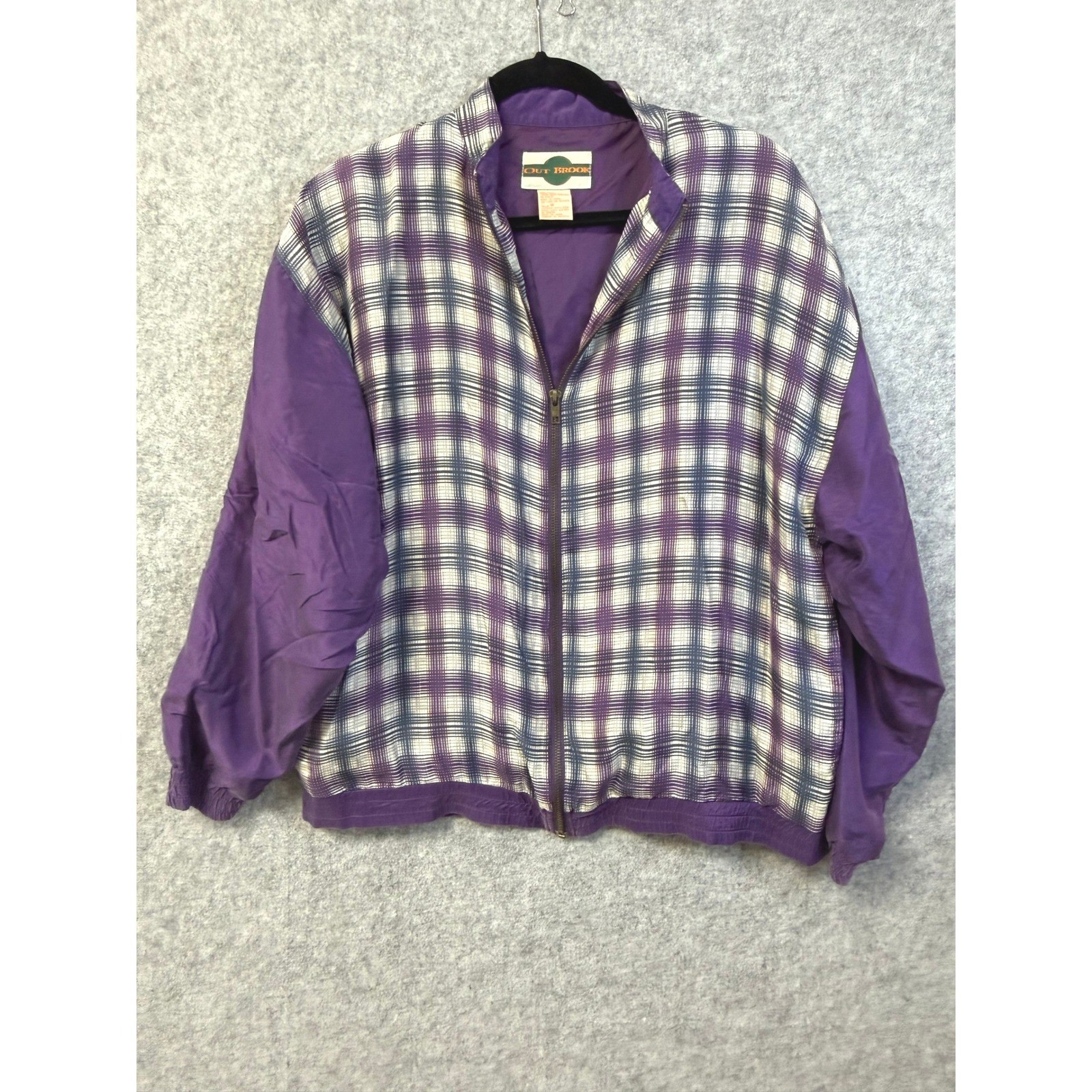 Vintage Out Brook Silk Bomber Jacket WomensMed Purple Plaid Full Zip Windbreaker