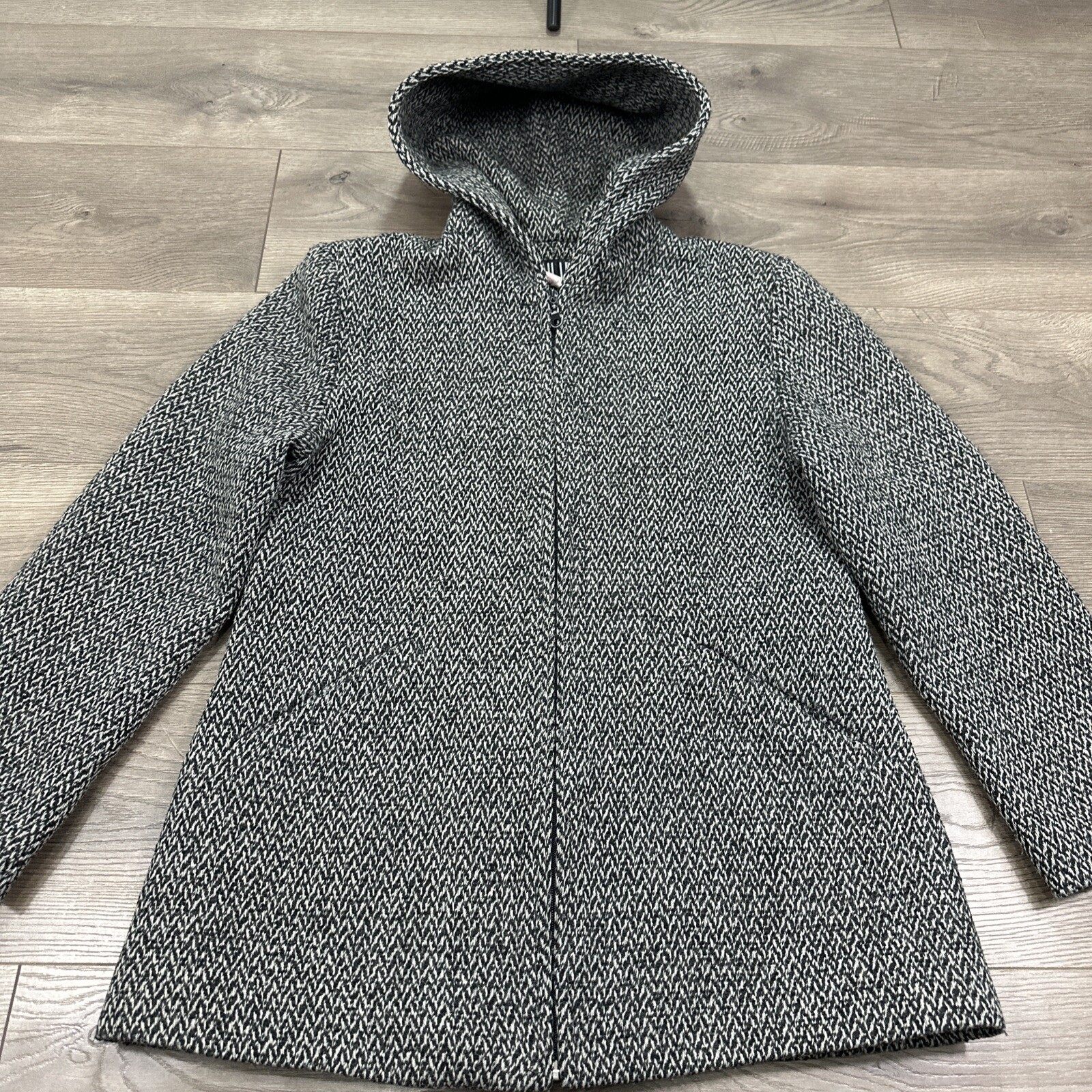 Vintage Paul Levy Wool Hooded Jacket Coat Full Zip Grey Black Herringbone Small