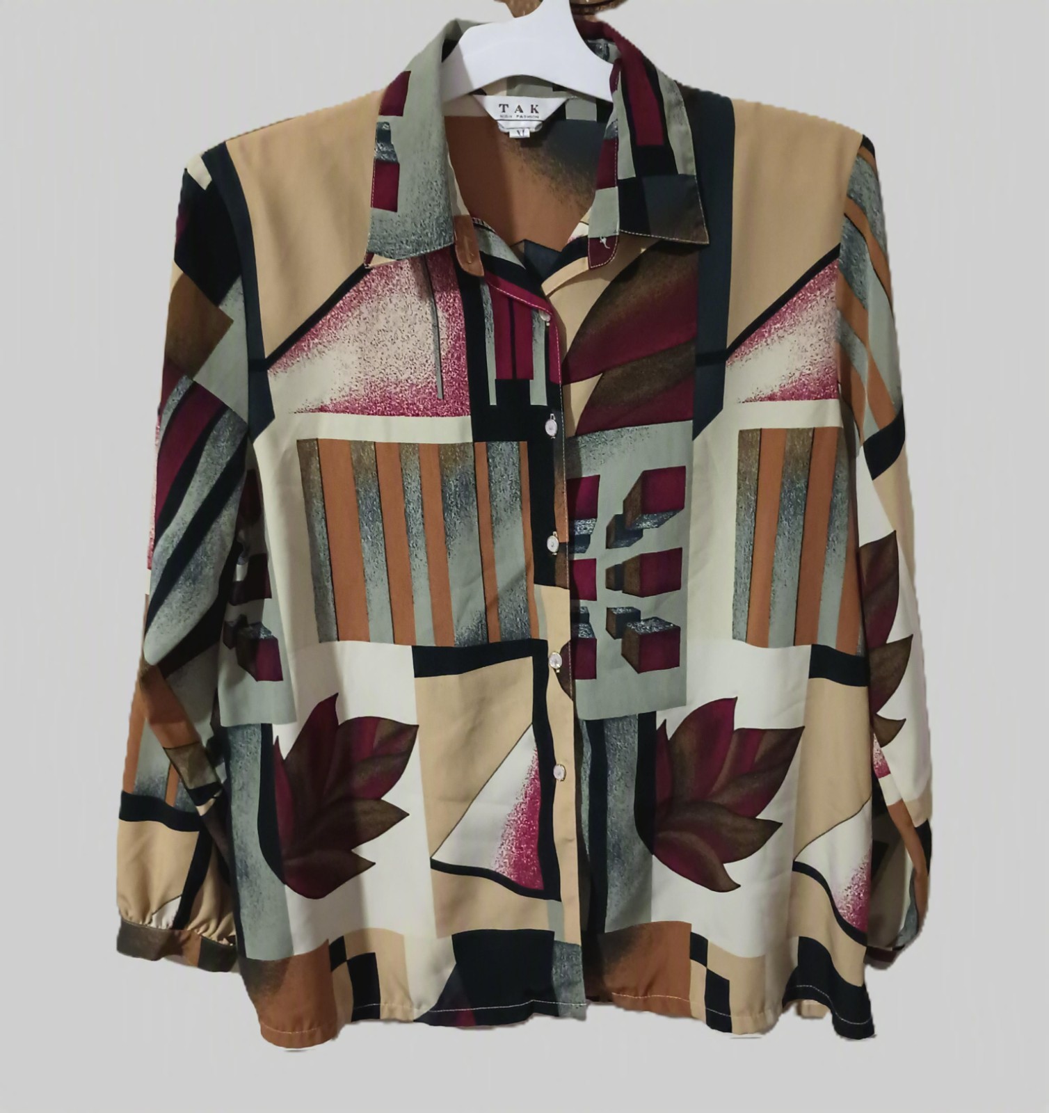 Vtg 80s Geometric Patchwork Print Kitsch New Wave Statement Button Up Top XL