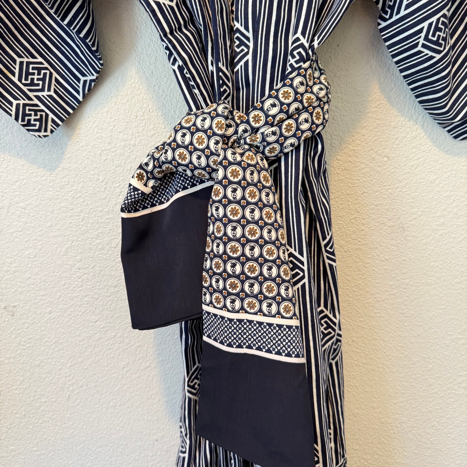 Vintage Japanese Yukata Robe Navy Blue White Geometric Striped Cotton with Sash