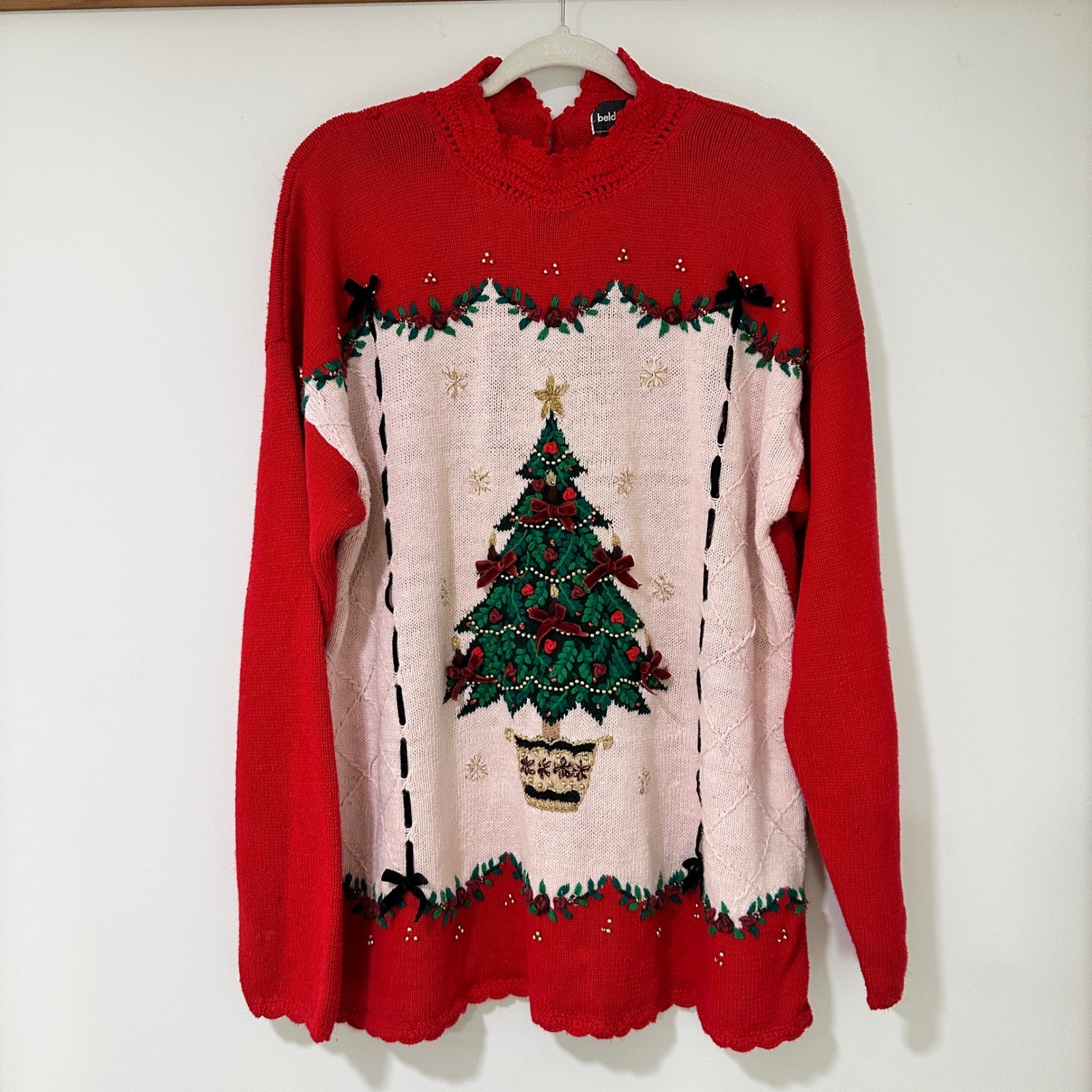 Beldoch Popper Vintage Christmas Sweater XL Tall Red Embroidered Tree Ramie