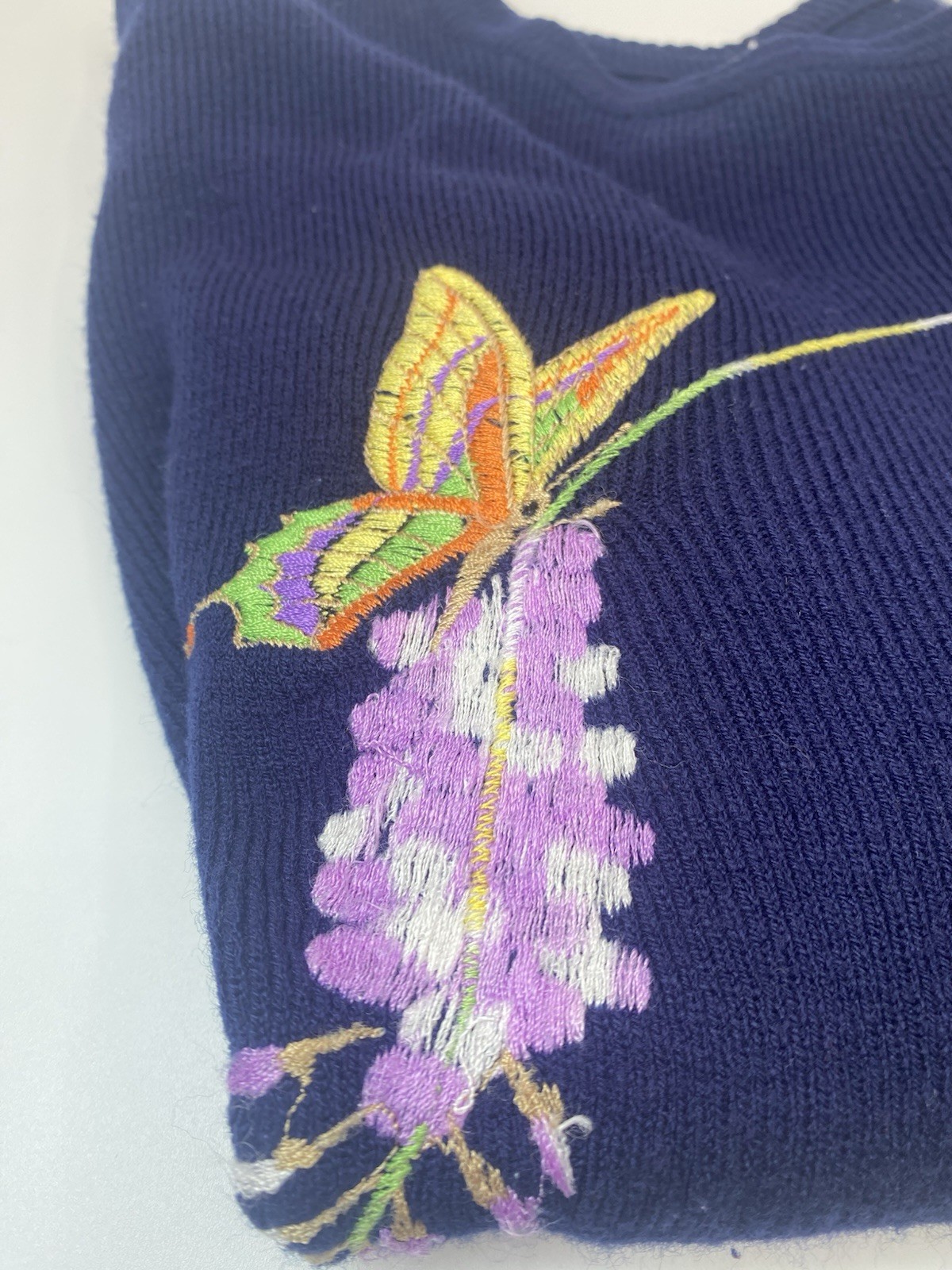 Vintage Women’s Bonnie Lee Leroy Blue Sweater Acrylic 70s Colorful Butterflies