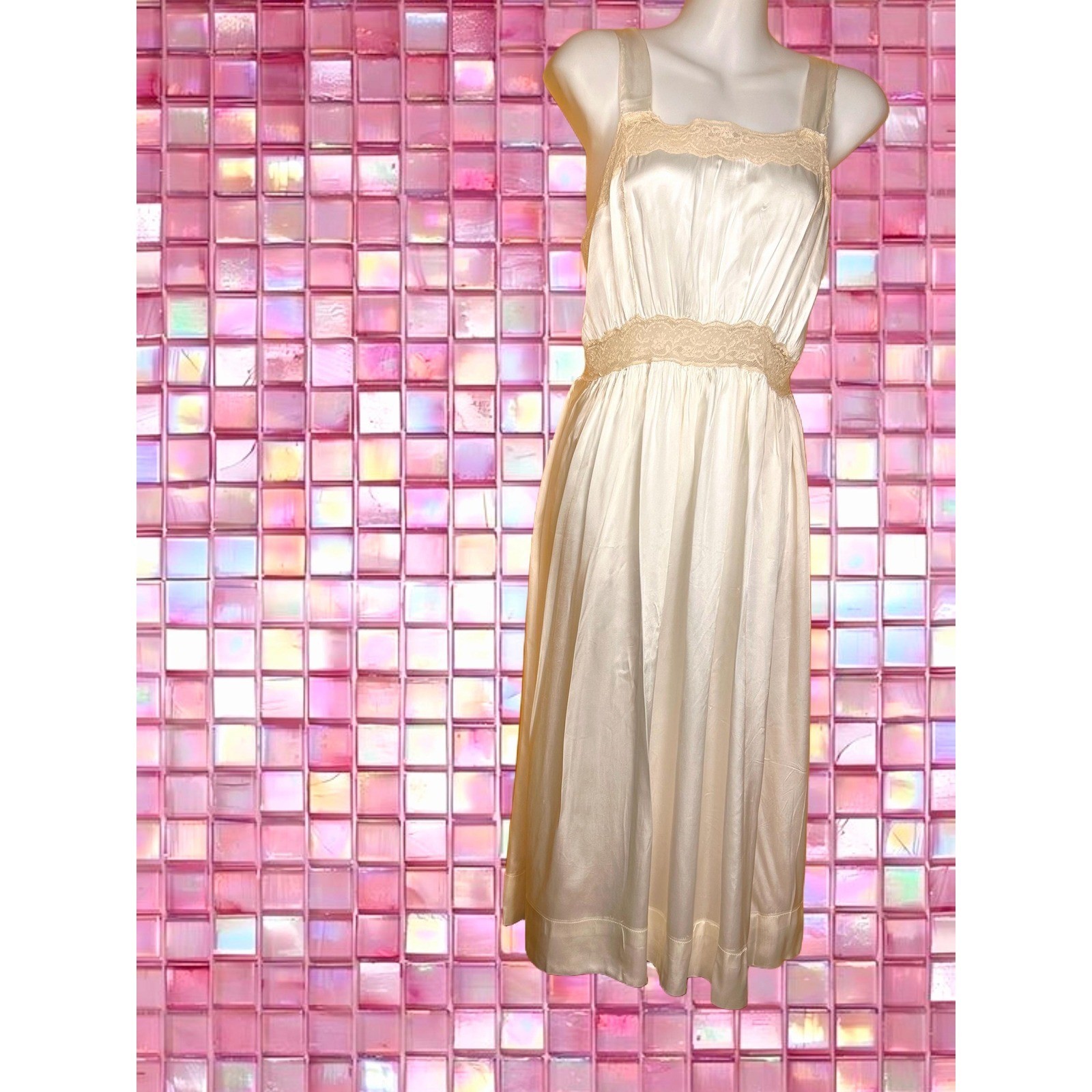 Vintage 1940s Textron Rayon Slip Dress | Cream Satin & Lace Lingerie