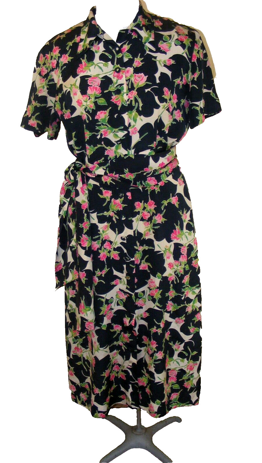 40s RAYON DRESS FLORAL PRINT BELTED BUTTON UP FULL SKIRT LIGHTWEIGHT 38″ X 30″ M