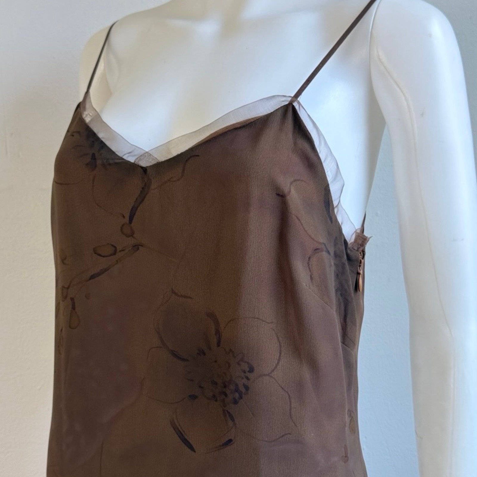 Vintage Brown Floral Print Slip Maxi Dress Size S/M 8 Sleeveless 90s David Warre