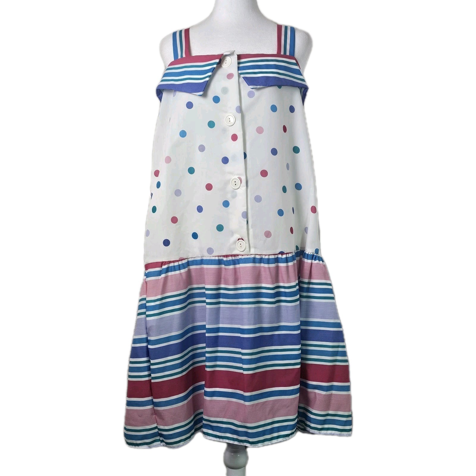 VTG 1980’s Its A Charm Deadstock Multi Color Polka Dot/Stripe Dress Whimsy Sz L