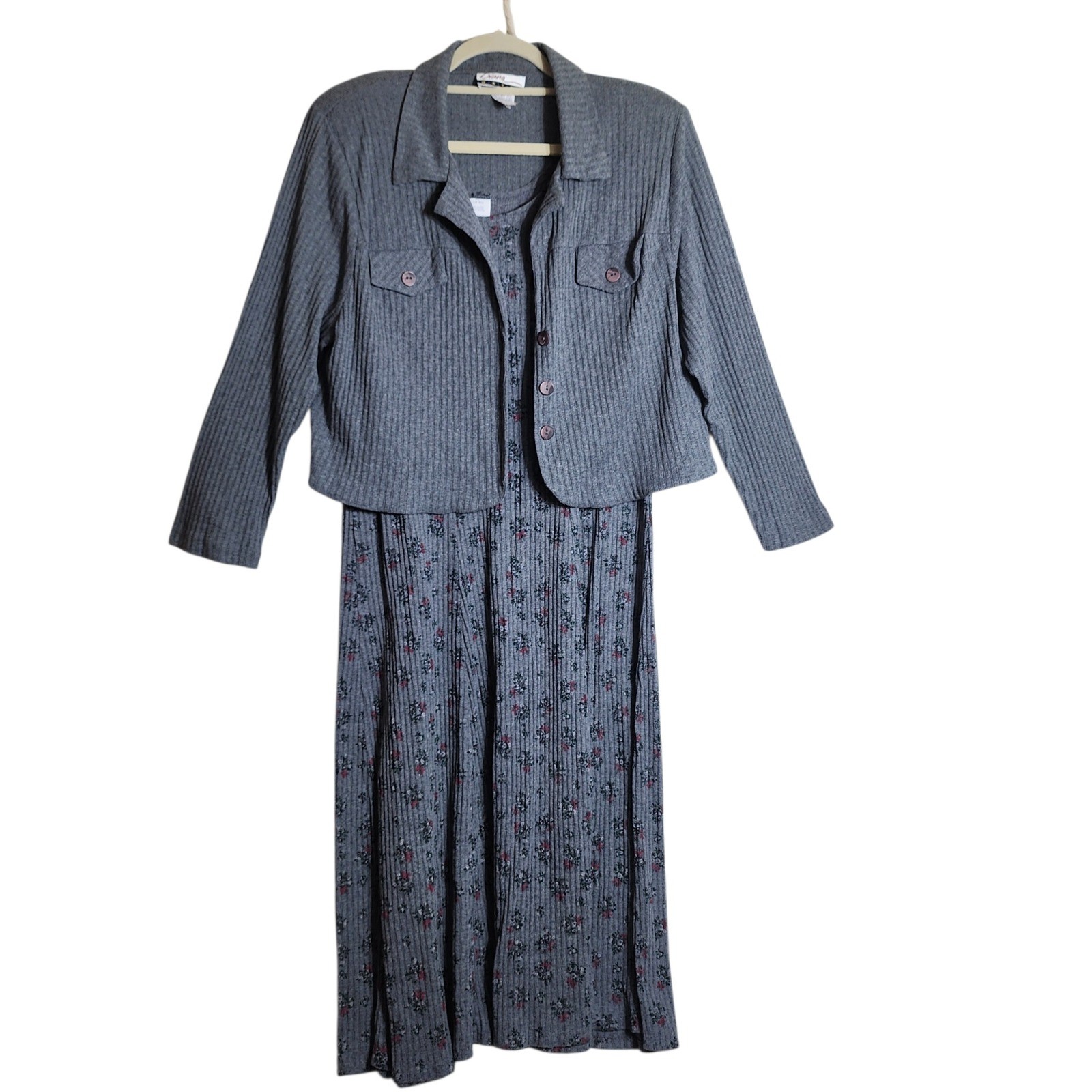 Diana Marco Vintage Gray Floral Ribbed Knit Dress and Jacket 2 Piece Set Size 18