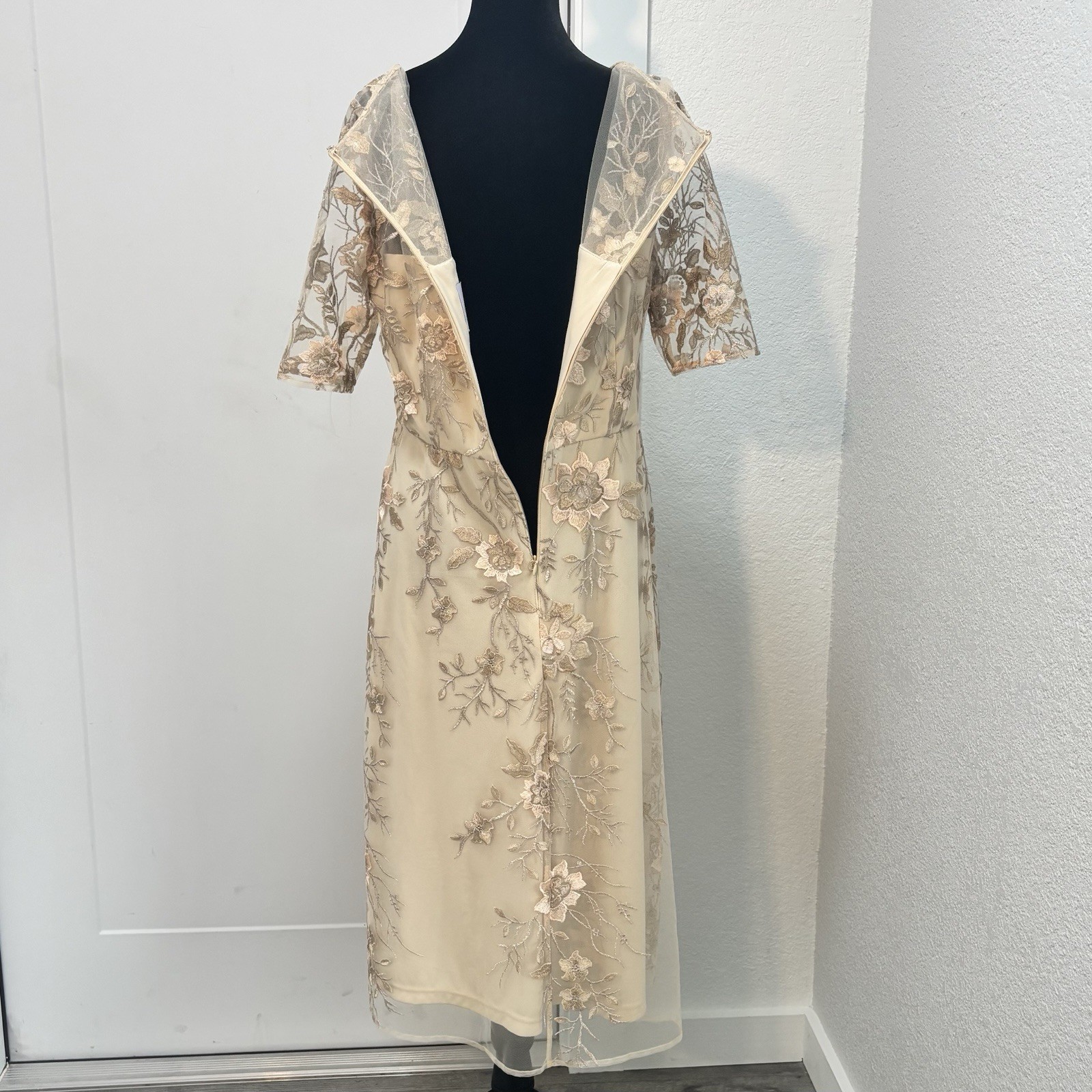 JS Collections Floral Embroidered Illusion Midi Dress Beige Gold Size 10 Wedding