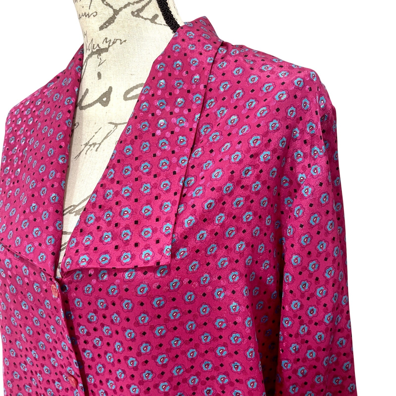 Vintage 80s Halston III Pink Floral Lapel Collar Blouse Women’s Long Sleeve; Lrg