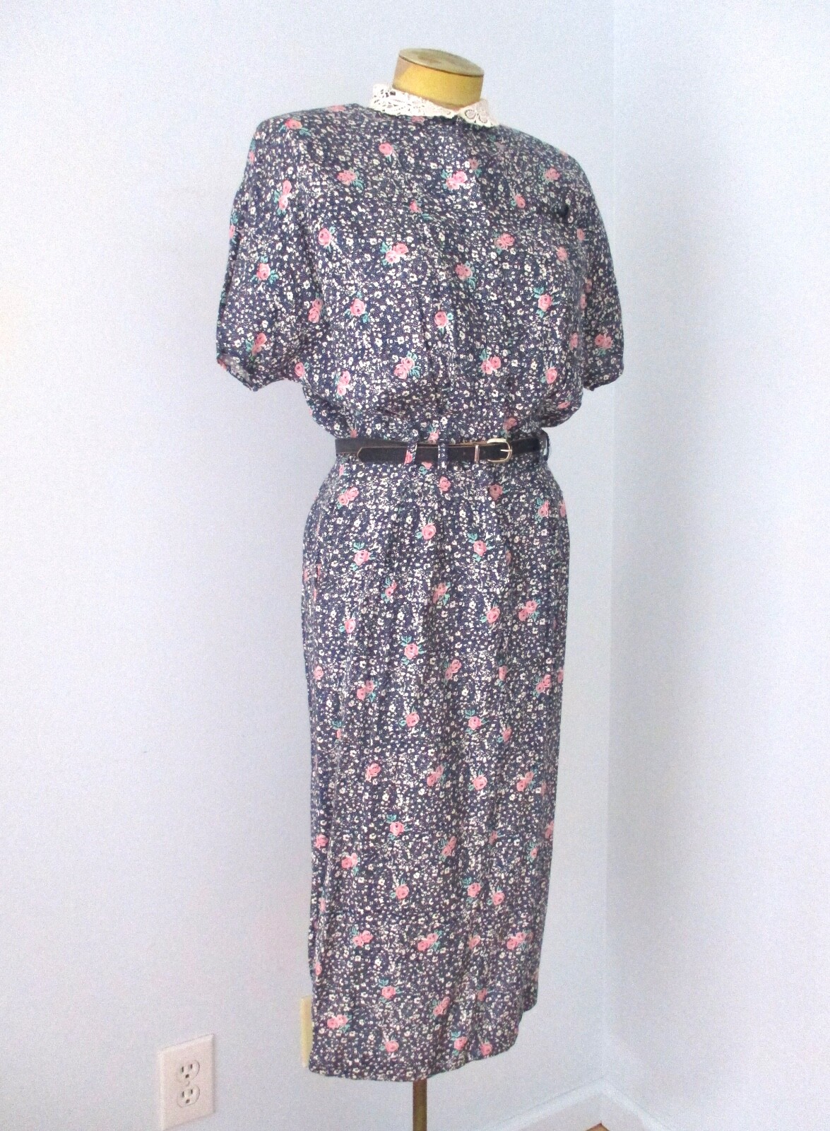 Vtg 80s Paquette Too! Blue Pink Floral Cottagecore Secretary Dress Pockets 10