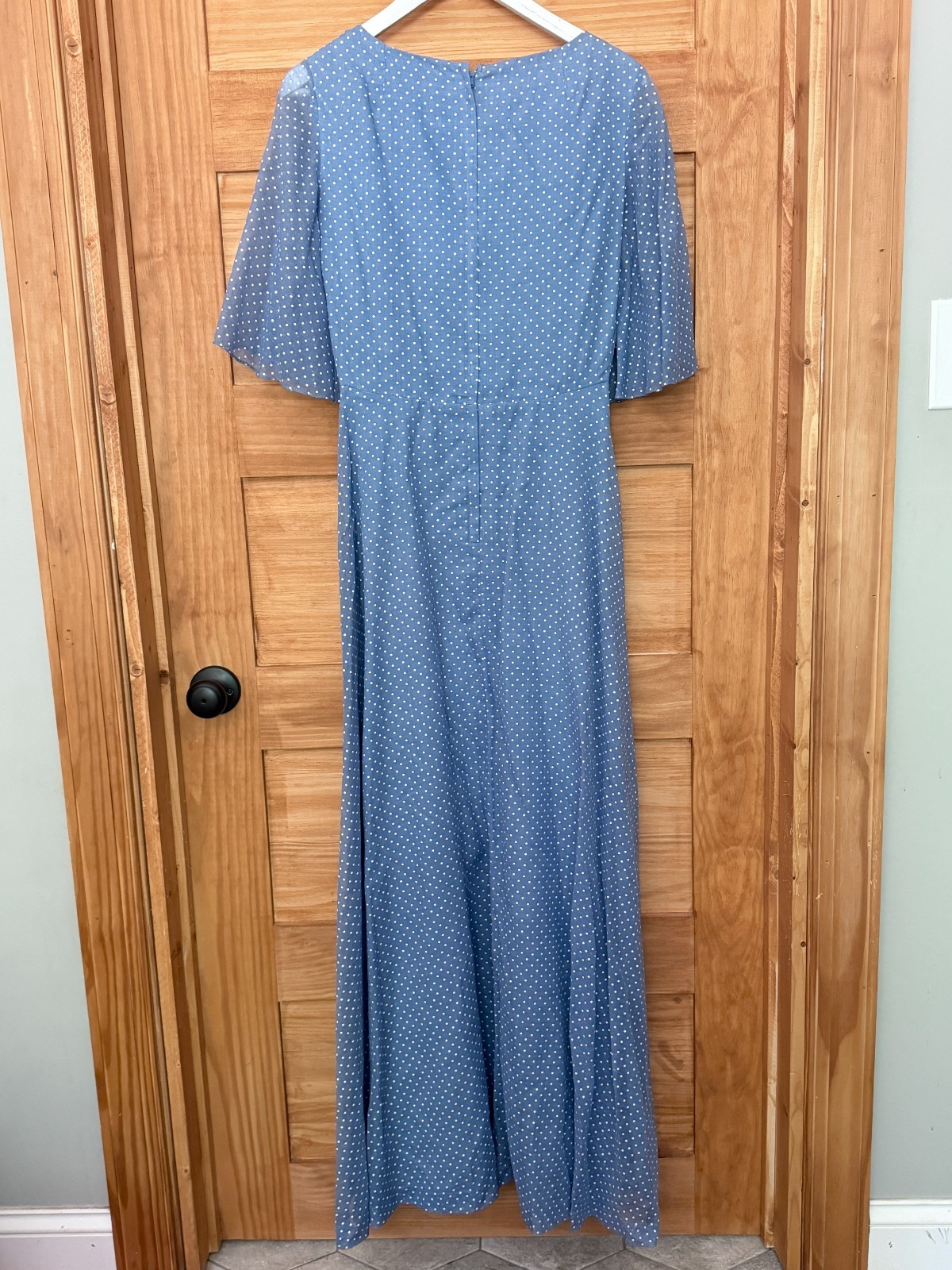 Vtg 1970s Miss Elliette Polka Dot Rosette Semi Sheer Sleeve A Line Maxi Dress S