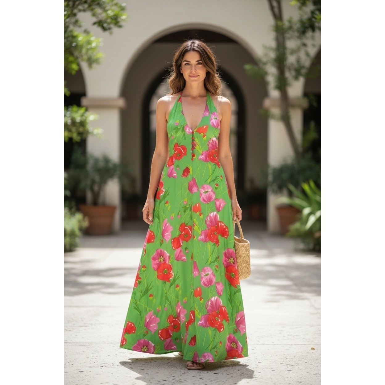 Vintage Aldens Fashions Maxi Dress Green Floral Halter Dress 70s Style Party grn