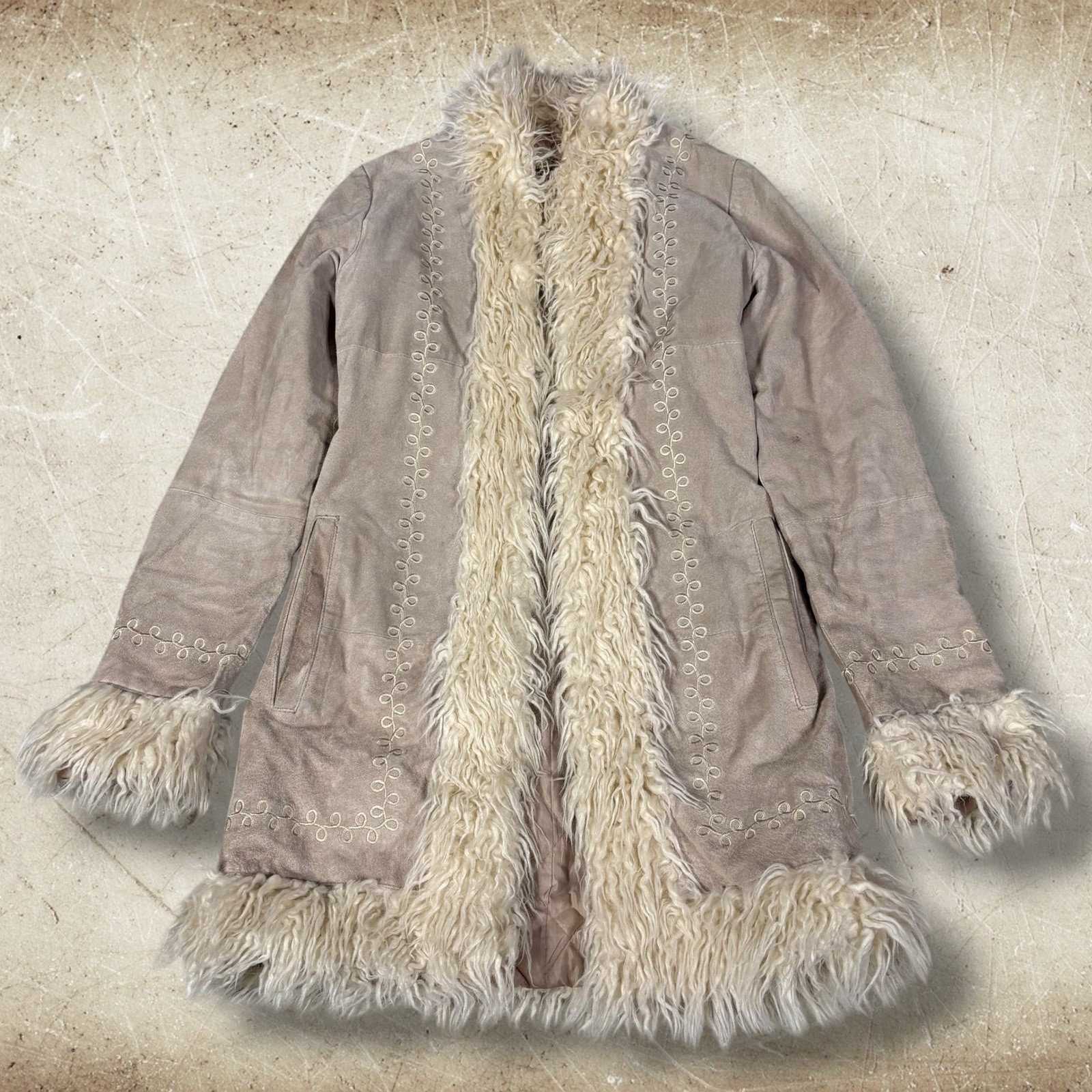 Vintage Wet Seal Penny Lane Jacket Women’s Size XS Beige Suede Faux Fur Boho 90s