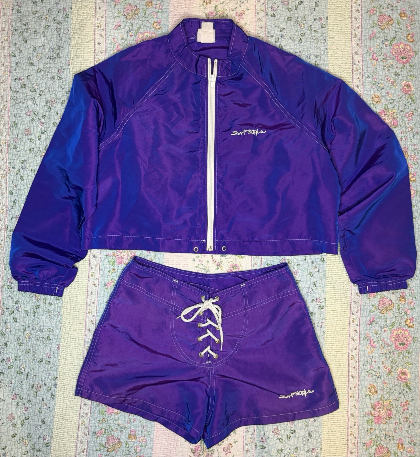 VTG 90s Y2K Surf Style Purple Iridescent Windbreaker Jacket & Board Shorts SM