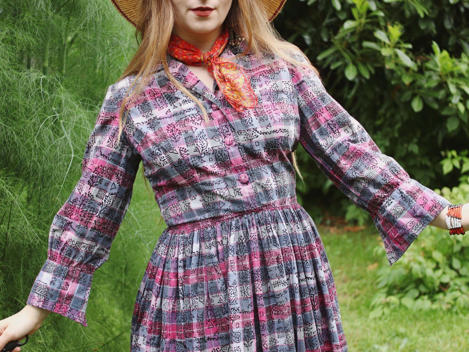 VTG 1950s Shirt Dress Madras Plaid Cotton Indian Tapestry Block printed Collared