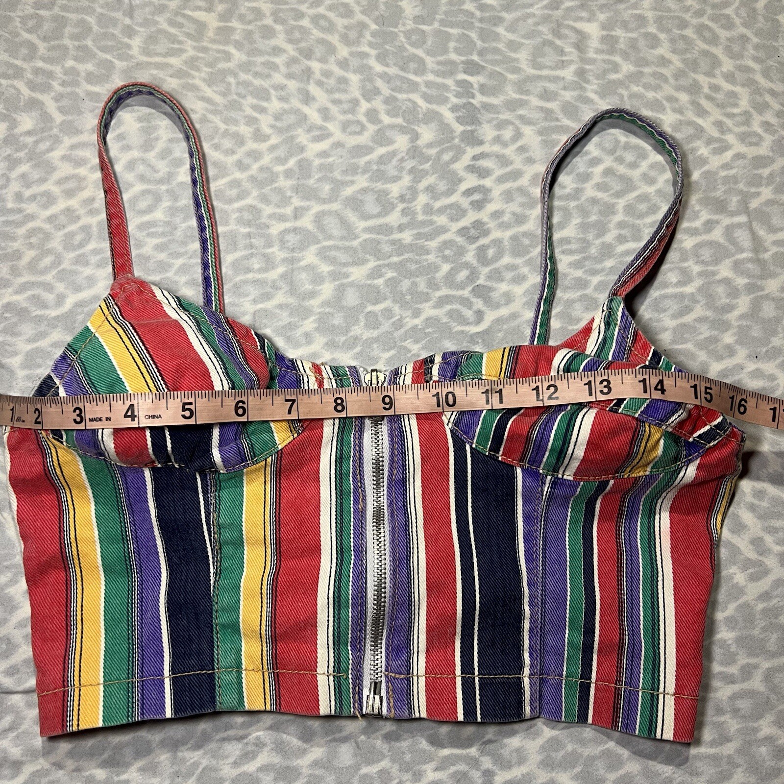 80s/90s Vintage Jackpot Blue Jean Denim Bustier Cropped Zip Up Striped Small 3