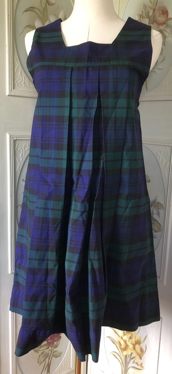 VTG 50s ALDRICH SANFORIZED PLAID COTTON GYMNASIUM DRESS USA 32 NAVY GREEN EUC