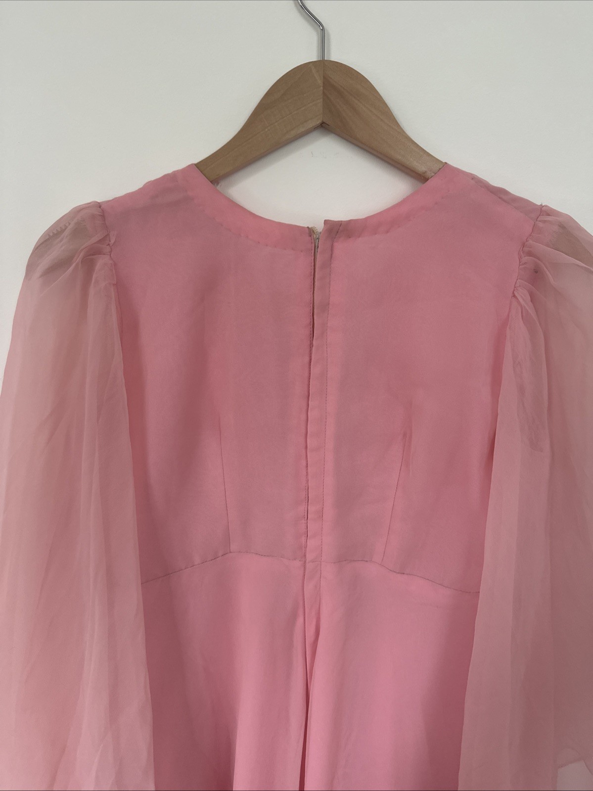 Vintage 1970s Pink Chiffon Maxi Dress Cape Sleeves Rhinestone Brooch Formal Gown